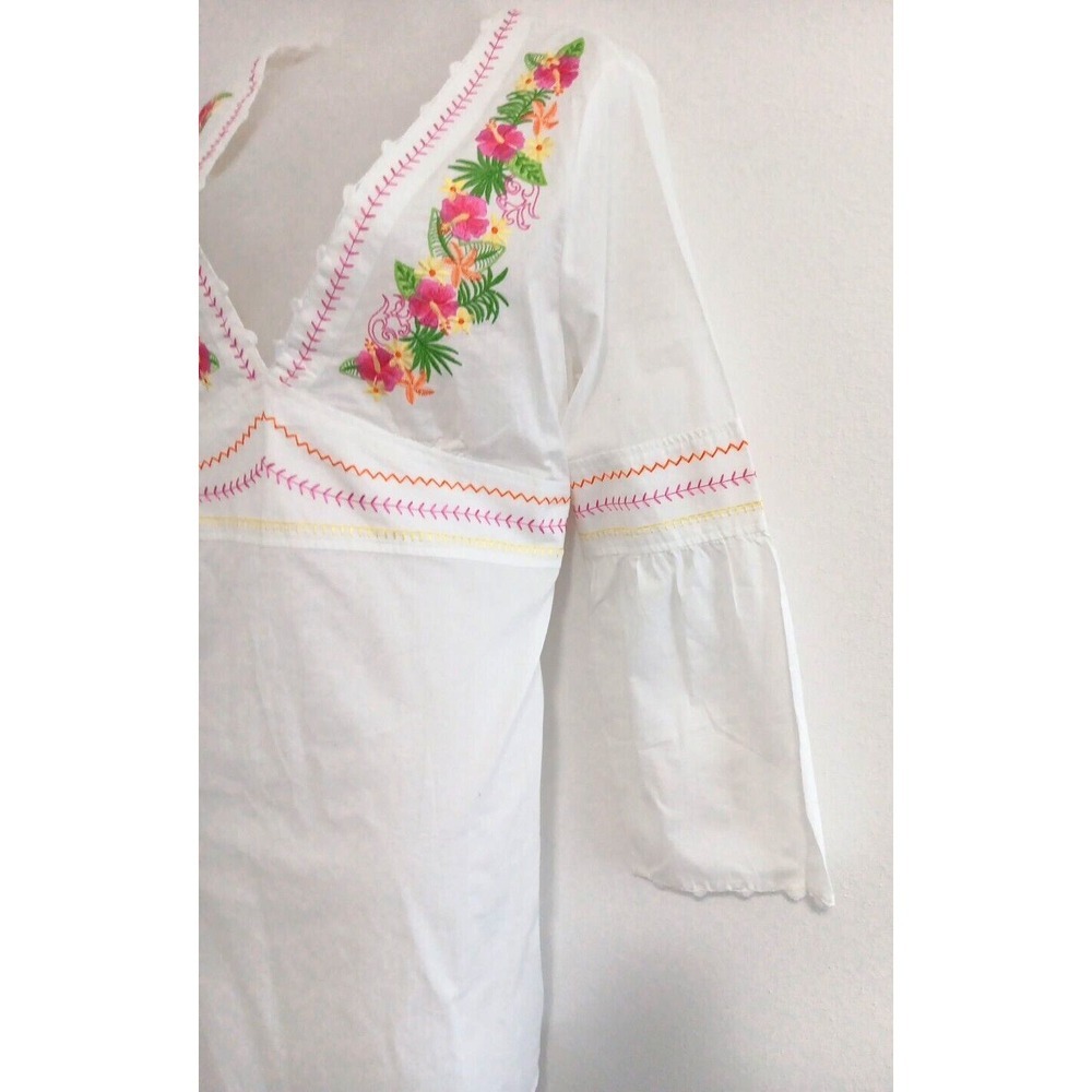 NEW Boho Tunic Mini Dress Womens XL White Cotton Pink Embroidery DEEP V Beachy - Picture 3 of 13